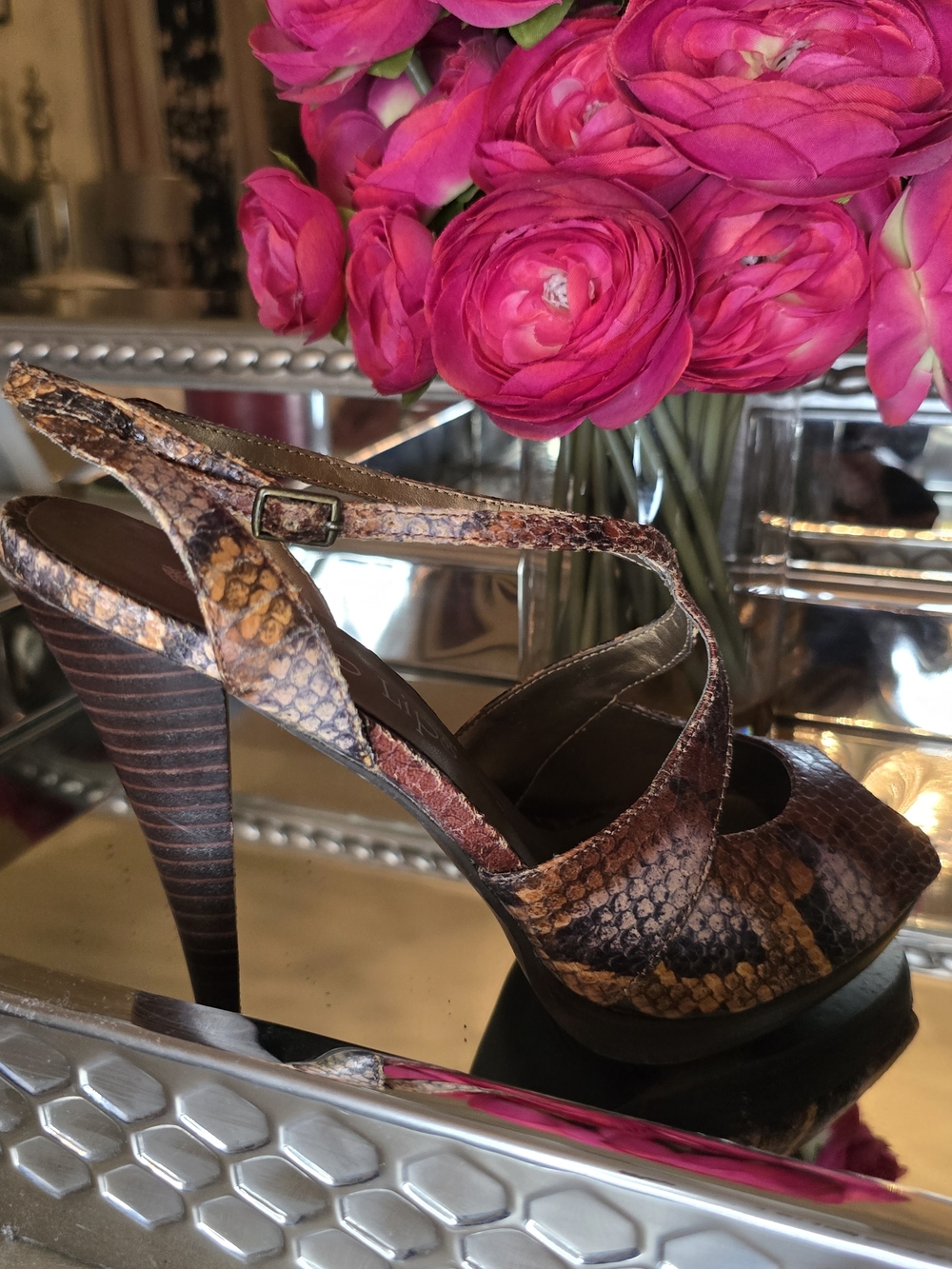 Two Lips Women's Snake-Print Slingback High Heels in Brown and Tan